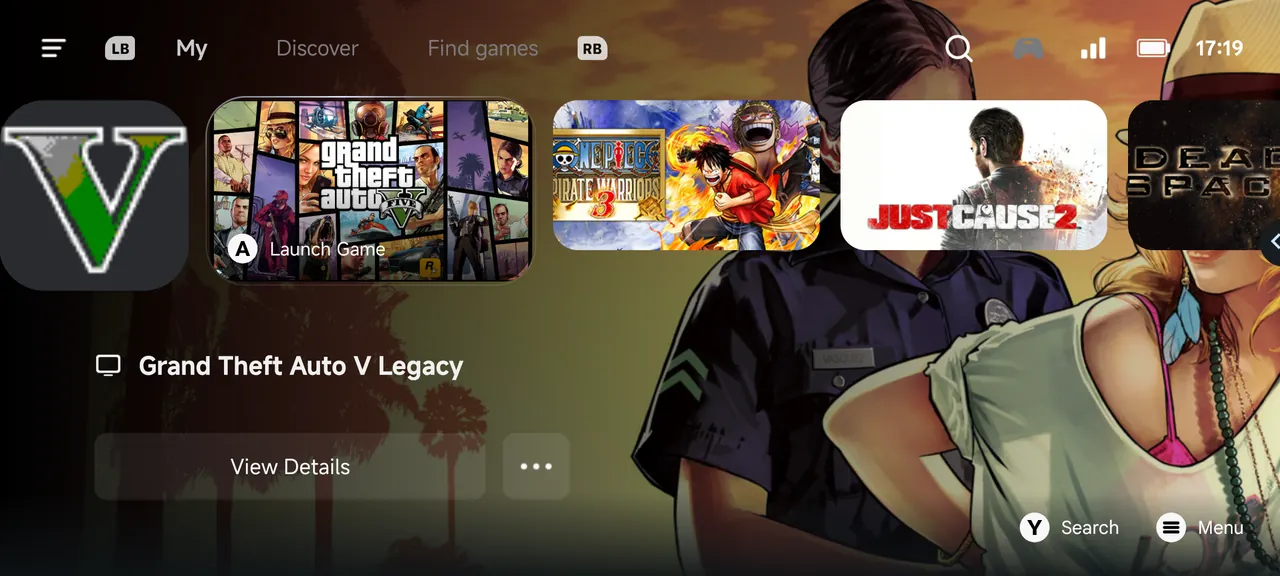View of the gamehub menu for running PC games